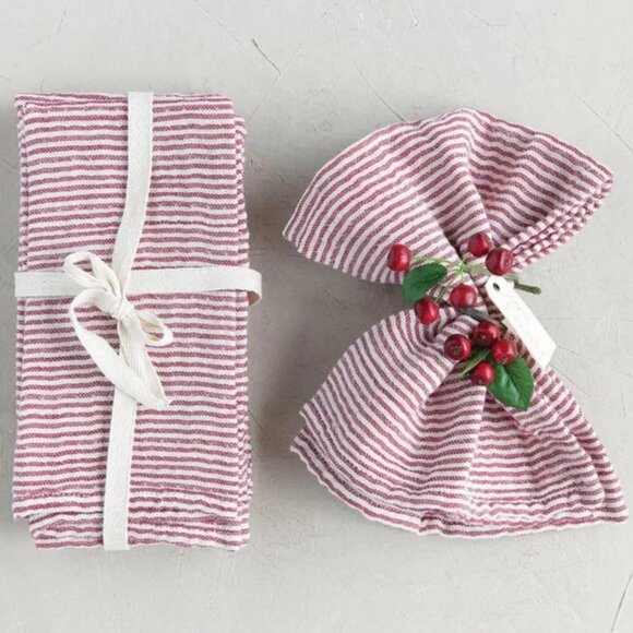 Creative Co-Op Red & White Ticking Stripe Napkins/NWT/Set of 4 - Picture 1 of 8